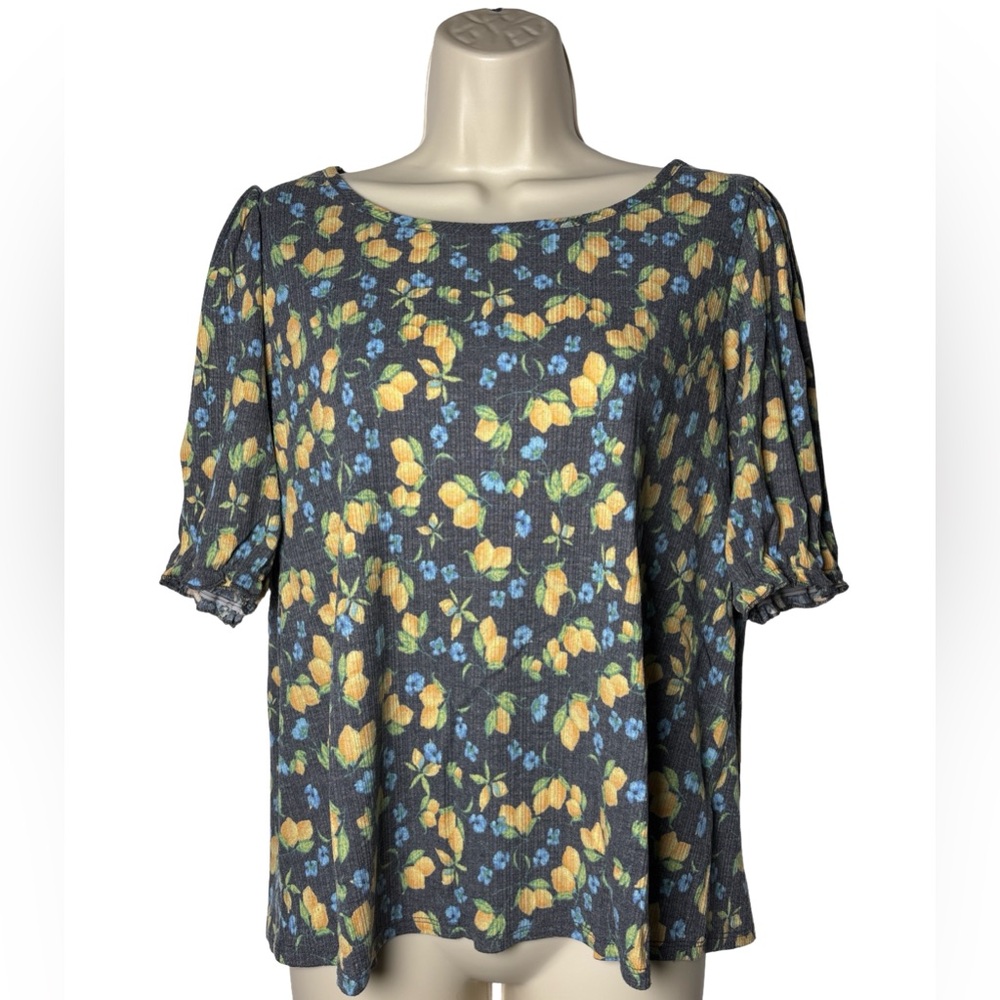 Lauren Conrad Floral Lemon Puff Sleeve Top Gray Yellow Blue Cottagecore SZ L
